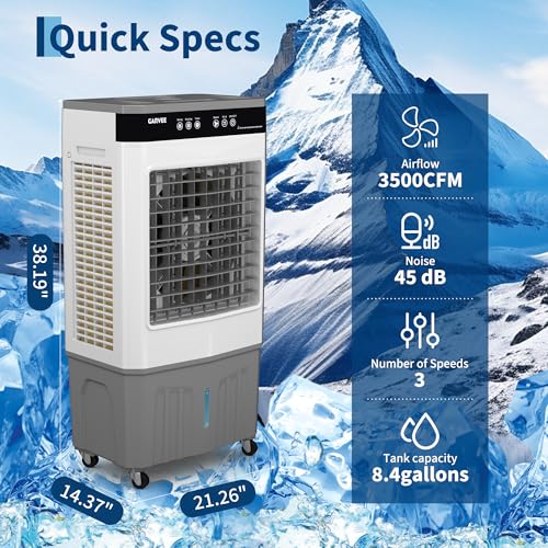 Image of Garvee Air Cooler 3000 CFM Evaporative Air Cooler with 8.4Gal Water Tank, 4 Ice Packs, 3-Speed, 120 Oscillation, Remote Control and 12H Timer, 80W Portable Floor Standing Fan for Workshops, Garage