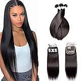 Forawme Full Head 5X5 Hd Transparent Closure With Hair Weave Brazilian Virgin Hair Silky Straight 24 26 28 With 20 Inch Remy Human Bundless
