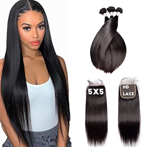 Forawme Full Head 5X5 Hd Transparent Closure With Hair Weave Brazilian Virgin Hair Silky Straight 24 26 28 With 20 Inch Remy Human Bundless