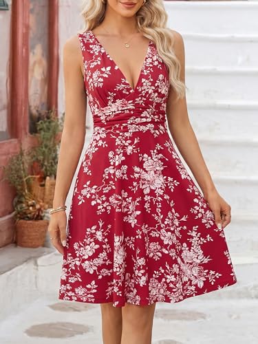 Image of OURIN Women's Spring Deep V Neck Sleeveless Floral Sundresses with Pockets Flowy Summer Dresses for Women