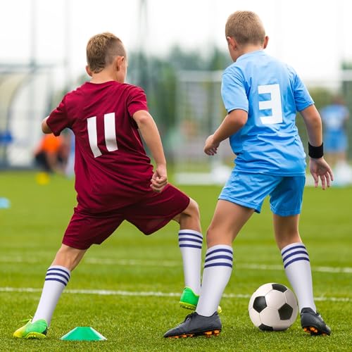 8 Pairs Neon Knee High Socks,8 Colors Striped Soccer Sock Long White Stockings Skate Skating Hosiery Soccer Athletic Football Basketball Softball Dance Knee High Socks for Men Women Girl4