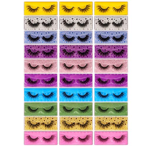 JIMIRE False Eyelashes 30 Pack Bulk 10 Styles Mixed Natural Fake Lashes 3D Faux Wispies Mink Eyelashes Wholesale Pack with 30 Portable Eyelash Boxes