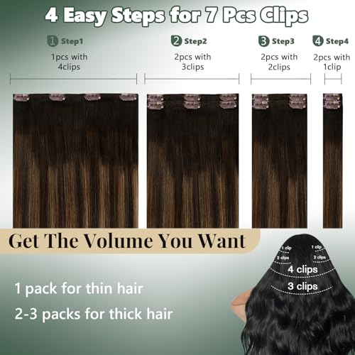 Image of Ugeat Hair Extensions Clip ins Balayage 20 Inch 7pcs 120g Easy to Apply | Human Clip in Hair Extensions , Dark Brown Balayage Medium Brown , Clip ins Human Hair Daily Wear