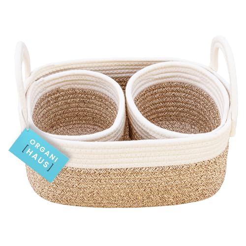 OrganiHaus Brown Small Woven Baskets for Nursery Storage - Toy Basket Organizer - Baby Changing Basket - Storage Baskets for Shelves - Set of 3 Cotton Rope Baskets with Handles - Round Towel Baskets