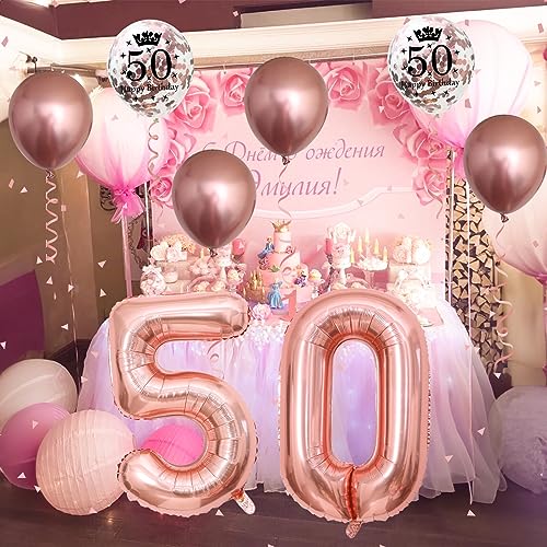 Image of Rose Gold 50th Birthday Balloons & Decorations - Metallic Foil Number 50 & Confetti Balloons, 40 Inch Latex
