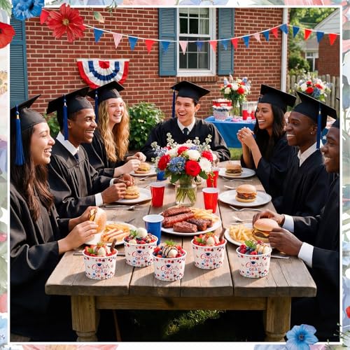 Image of Funnymoom 50 Pack Red White Blue Wildflower Graduation Ice Cream Cups 9 oz Class of 2026 Congrats Grad Disposable Dessert Snack Cups Floral Graduation Paper Soup Bowls for College High School Party