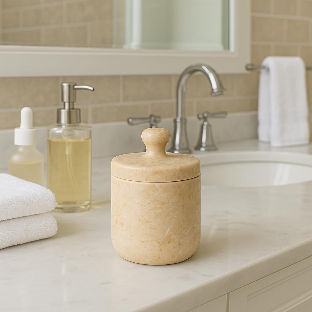 Creative Home Natural Champagne Marble Notch Collection Cotton Ball, Swab Holder Bathroom Storage Jar Container Organizer, 3.5" Diam. x 3.8" H, Beige