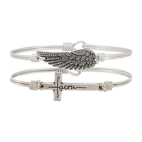 Luca + Danni Faithful Wings Bracelet Set, Pack Of 2 Stacking Bangle Bracelets, Religious Spiritual Jewelry Gift For Women, Girls - Brass Tone Petite Size Made In Usa #TOP2