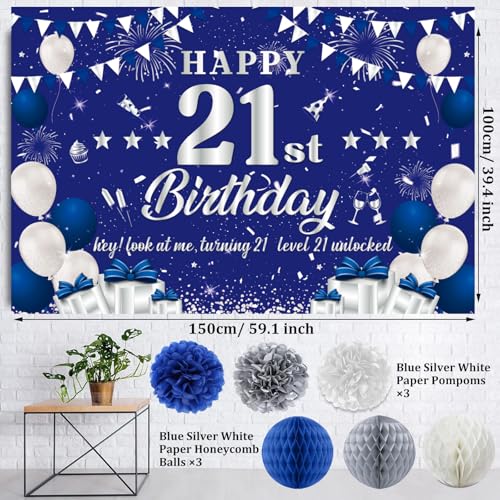 Image of 21st Birthday Decorations for Boys Girls, Blue Silver Happy 21st Birthday Party Decorations, 21 Backdrop, Banner, Balloons, Hanging Swirls, Bday Cards, Cake Toppers, Pompoms 54pcs