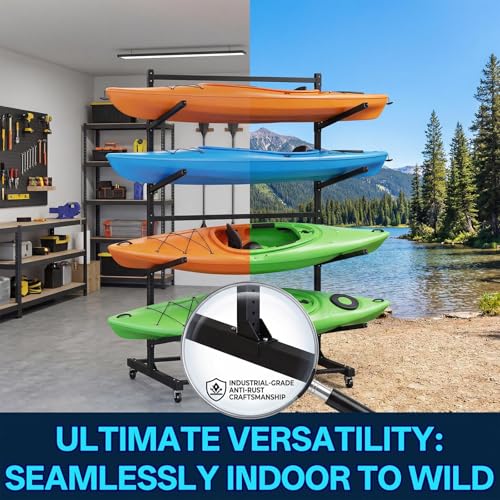 Noliven 4 Tier Freestanding Kayak Storage Rack, Adjustable Kayak Racks, 4 Detachable 360° Wheels with Brakes & Adjustable Feet, Carbon Steel Water Sport Watercraft Storage Rack for Canoes Surfboards