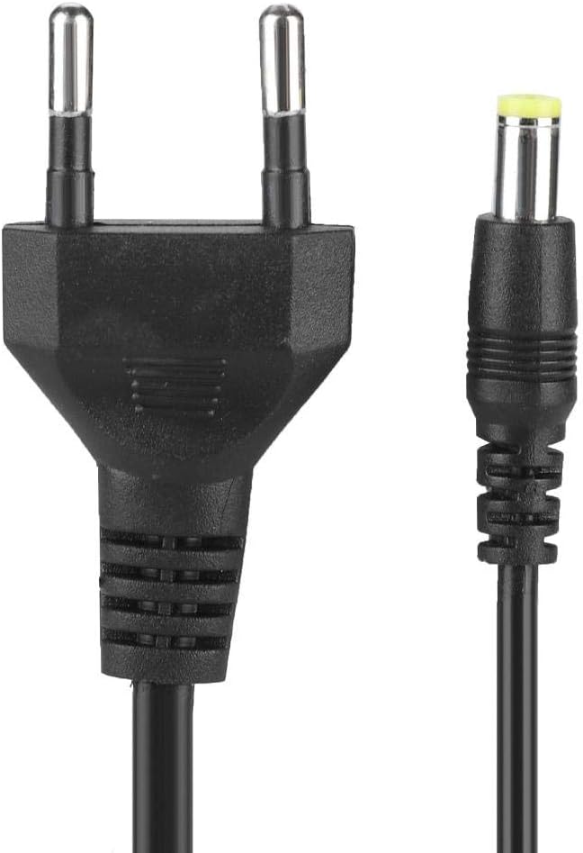 Close-up of the EU plug and DC output connector of the DEWIN Adjustable Power Adapter.