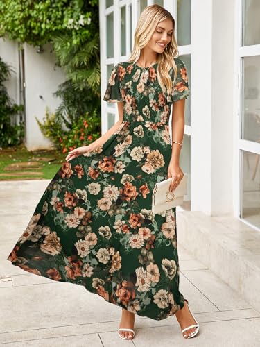 Image of Simplee Womens Casual Floral Summer Maxi Dress 2026 Boho Flowy Short Sleeve Crew Neck Vacation Smocked Chiffon Dresses