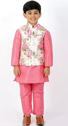 Boys Pink Floral Printed Jacket Sherwani Set with Kurta Pyjama, Chanderi Cotton, Traditional Indian Ethnic Wear Clothing Set