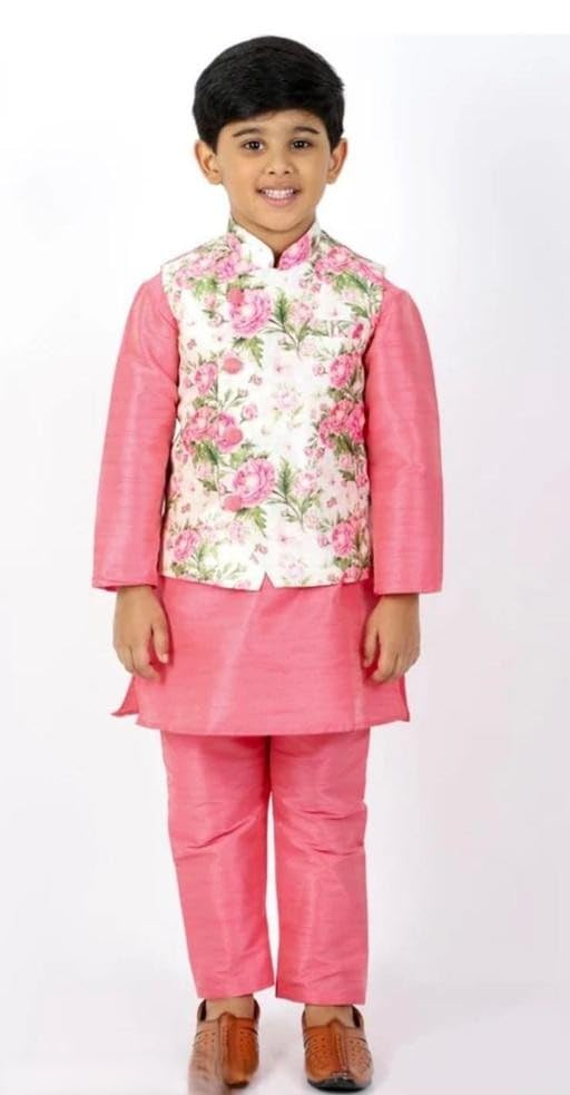 Boys Pink Floral Printed Jacket Sherwani Set with Kurta Pyjama, Chanderi Cotton, Traditional Indian Ethnic Wear Clothing Set - Review, Price and Buying Guide