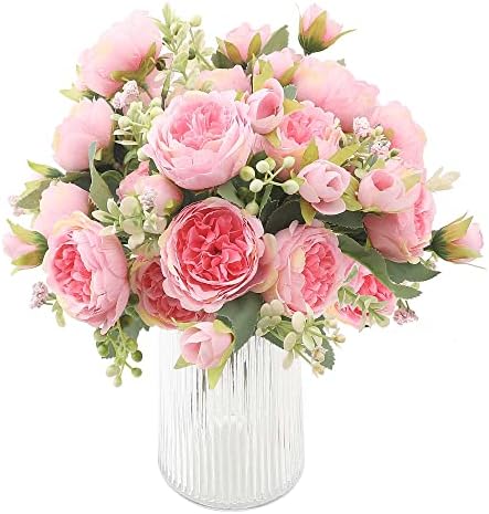 Decpro 4 Bunches Artificial Roses Peonies Flowers Bouquet Plastic Grasses Wedding Flowers for Home Party Garden Decor, Table Centerpieces, Flower Arrangements(Pink)