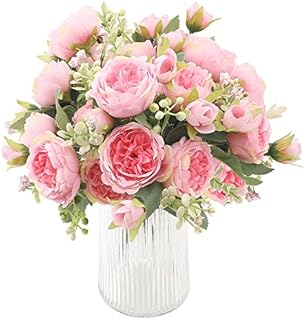 Decpro 4 Bunches Artificial Roses Peonies Flowers Bouquet Plastic Grasses Wedding Flowers for Home Party Garden Decor, Table Centerpieces, Flower Arrangements(Pink)