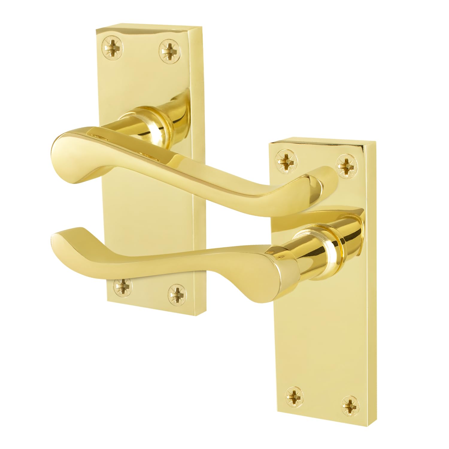 EAI Brass Victorian Scroll Latch Handles, 1 Pair of Polished Brass Internal Lever Door Handles on Backplate