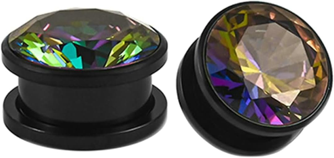 Aienid 1 Inch Gauges for Women Stainless Steel Tunnel Gauges Black Gauges Unique with Colorful Cubic Zirconia Gauges Inch Ear Plugs