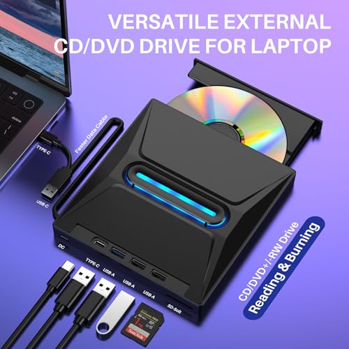 Lecteur CD DVD externe USB 3.0 avec hub USB Type C et ports SD pour PC Windows et Mac - 6