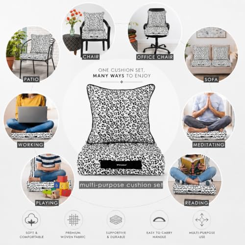 Image of Woven Quilted Floor Cushion Set 50x50x10 CM White and Black Animal with Fillers & Back Cushion, Large Size for Seating, Patio Seat, Meditation, Yoga, Pooja, Guests, Living Size 20x20x4