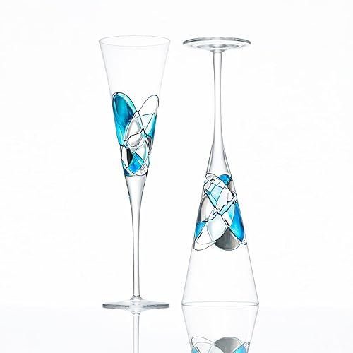 Victoria Barcelona Champagne Flute Set of 2 – 7.5 oz Mouth-Blown Turquoise Sea Glass | Hand-Painted, Gaudí & Murano Inspired | Artistic Unique Gift Ideas for Her or Him
