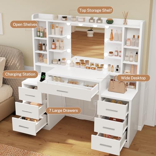 Image of FIONESO 47.2 inch Large Vanity Desk with LED Lighted Mirror & Power Outlet, Makeup Vanity Desk with 7 Drawers and Lots Open Shelves, White Vanity for Girls, for Bedroom