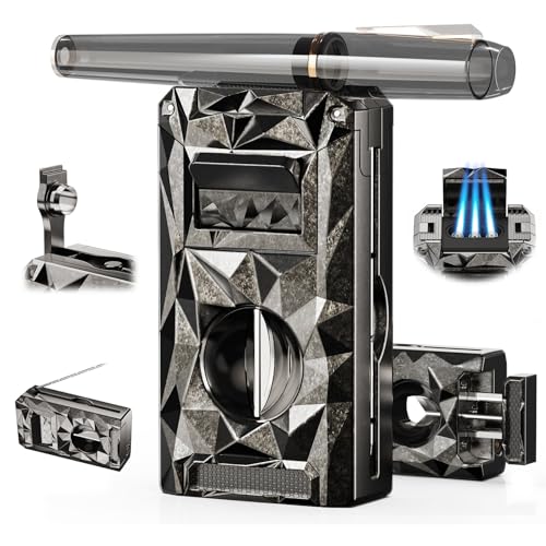 5-in-1 Torch Lighter, with V-Cutter, Holder, Punch, Draw Enhancer Tool, Windproof Triple Flame Torch Lighter, Multifunctional Accessories Gifts for Men, Refillable Butane Lighter for Candles, Travel