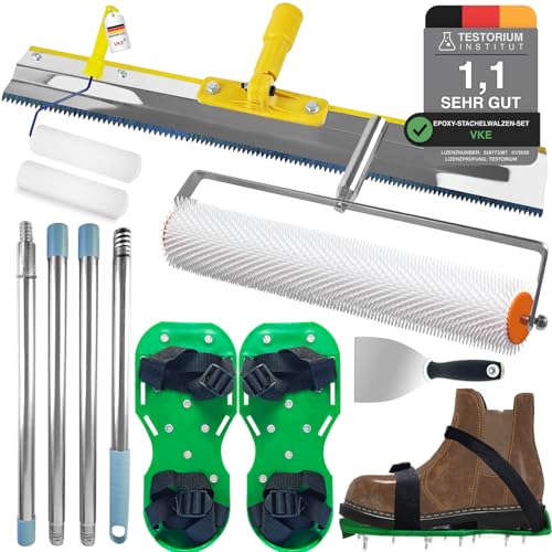 VKE Bodenbeschichtung Entlüftungsroller Set, Stachelwalze Ausgleichsmasse, Entlüftungswalze 11 mm, Nagelschuhe 30 mm, Edelstahl Stehrakel und Teleskopstange 162 cm (mit Farbrolle und Spachtel)