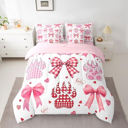 Image of Pink Bow Bedding Sets 7 Pcs Queen Watercolor Grid Bowknot Girly Comforter Set Pink Red Heart Kiss Leopard Paw Print All Season Comforter Flat Sheet Fitted Sheet 2 Pillowcases 2 Throw Pillow Covers