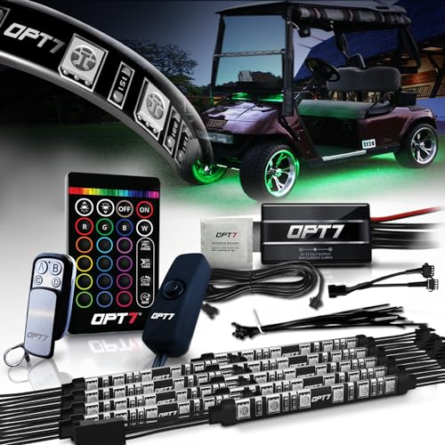 OPT7 Aura Golf Cart Underglow LED Light Strip Kit, RGB Multicolor Accent Lighting w/Wireless Remote Control, 10pcs Exterior Canopy Underbody Decorative LED Strips for EZGO Yamaha Club Car, 12V