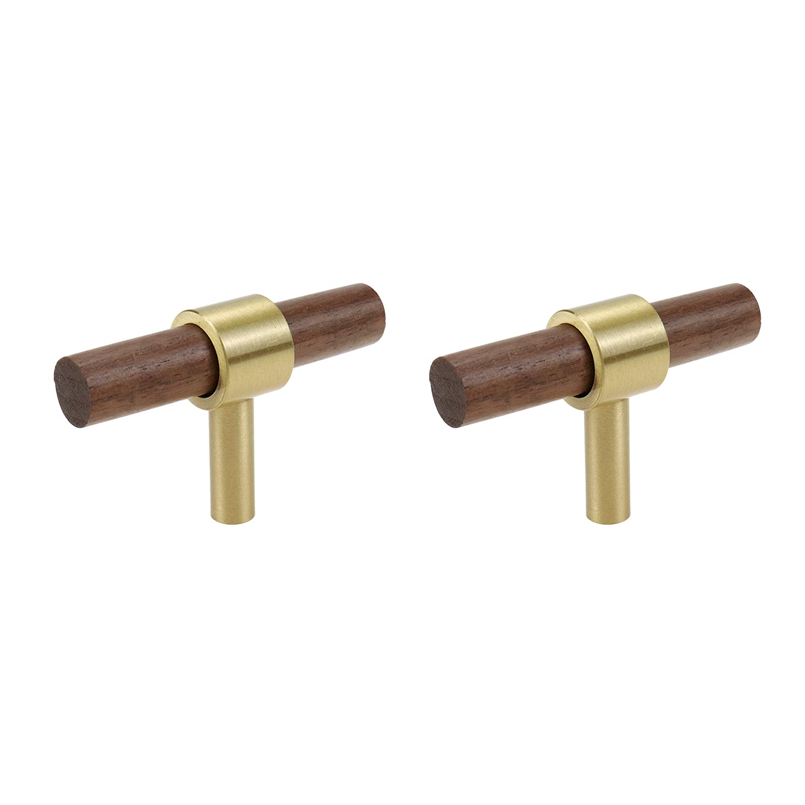 Savagrow Walnut 2Pcs 2.36" Brass Pull Handle Modern Wardrobe Cabinet Wooden Single Hole Pulls,