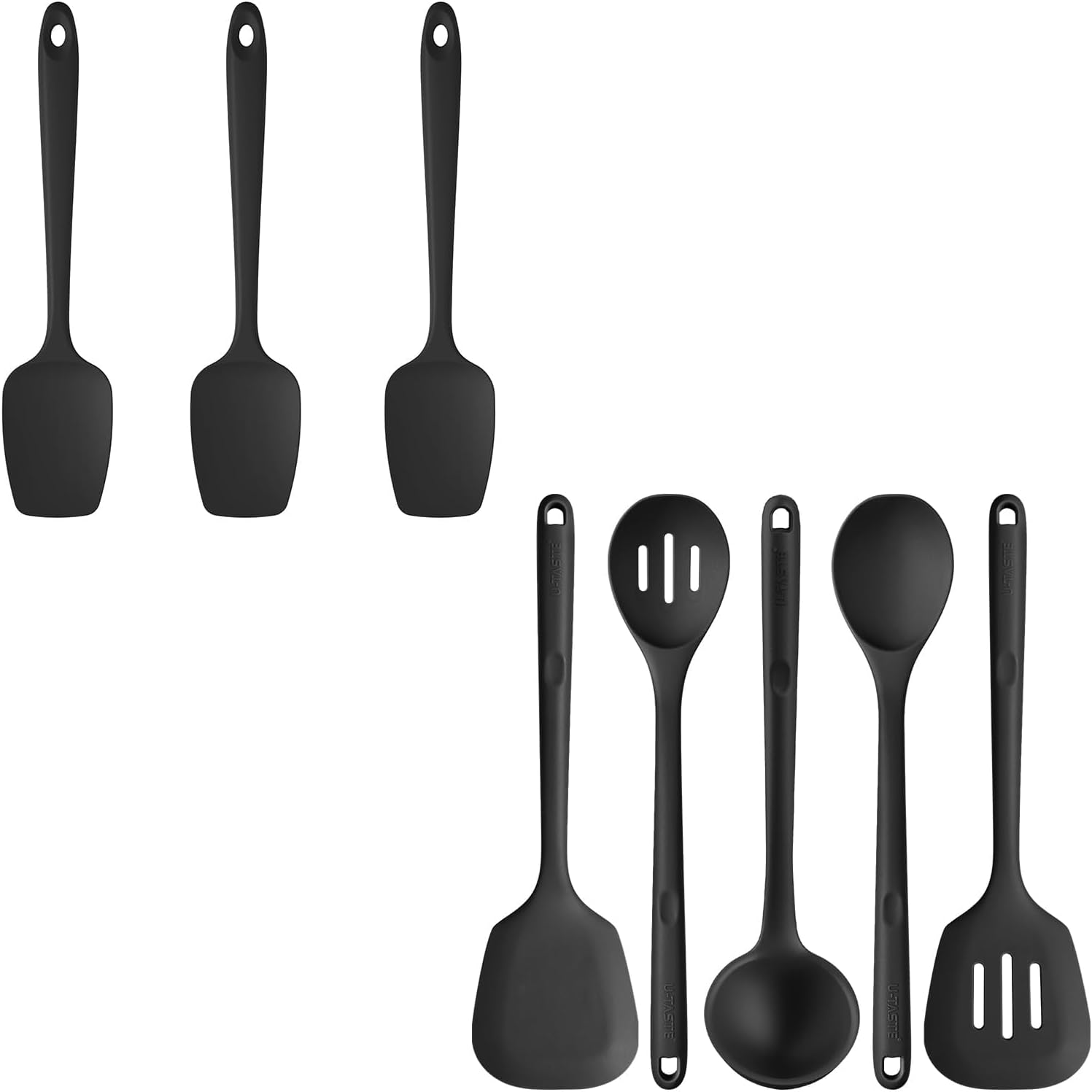 U-Taste 600ºF Heat Resistant BPA Free Silicone Spoon Spatula Set of 3 (Black), and 600℉ Heat Proof BPA-Free Solid/Slotted Sturdy Cooking Utensil Set of 5 for Non Stick Cookware, Black