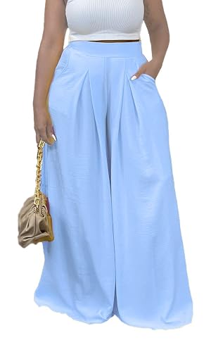 Flowy Pants for Women Casual High Waisted Wide Leg Palazzo Pants Trousers with Pocket Plus Size