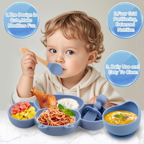 Silikon Baby Geschirrset,Rutschfest Kindergeschirr Set mit Saugnapf,8-Teiliges Geschirrset Baby:Baby teller,Kinderteller mit Saugnapf,Silikonbecher, Löffel, Gabel, Lätzchen, Trinkbecher,Blau