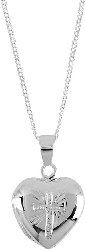 Dicksons Heart Locket with Detailed Cross Design Silver-Plated 18-Inch Pendant Necklace