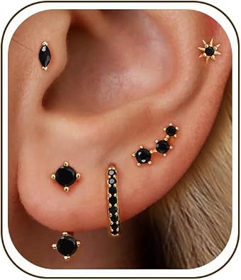 6 Pairs 14K Gold Plated Stud Earrings for Women, CZ Cartilage Stack Set