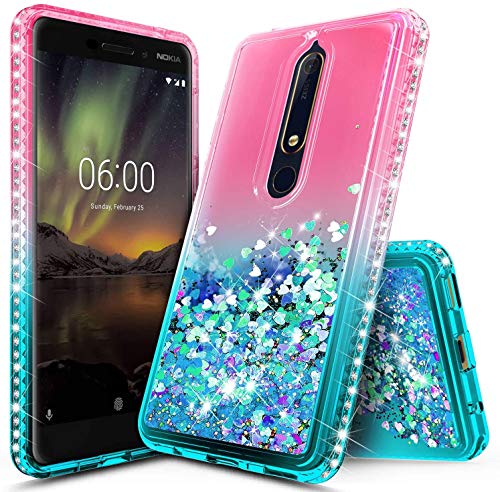 NZND Case for Nokia 6.1 Nokia 6 2018, Sparkle Glitter Flowing Liquid Floating Quicksand with Bling Diamond, Durable Women Girls Cute Case Cover (Pink Aqua)