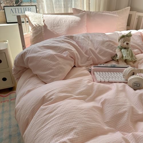 Image of VM VOUGEMARKET Pink Duvet Cover with White Lace Twin Kids Pink Plaid Gingham Duvet Cover Set for Girl's College Dorm Soft Lightweight Cozy Bedding Set