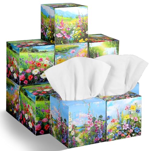 Image of Fourluoo 12 Pack Floral Facial Tissues Cube Boxes, 600 Sheets 3 Ply