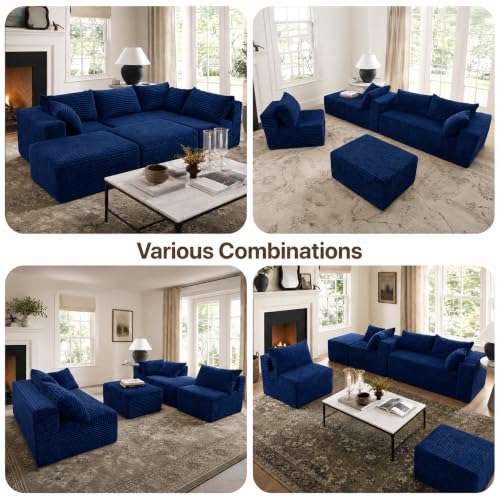 Image of Claiks 132 inch Boneless Couch, U-Shape Corduroy Sectional Sofa, Blue