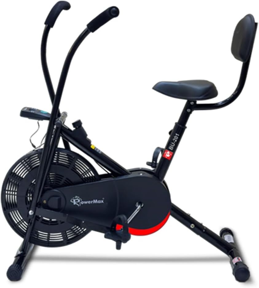 PowerMax Fitness BU-201 Dual Action Air Bike/Exercise Bike for Home |Gym Cycle for Workout With Adjustable Cushioned Seat | Non-Slip Pedals | Moving Handles Black Gym Bike, Max user weight 120 KG