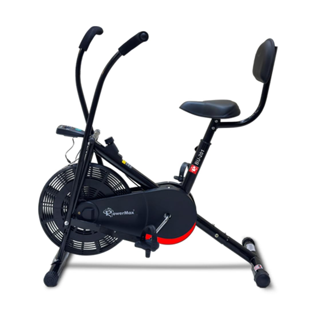 Image of PowerMax Fitness BU-201 Dual Action Air Bike/Exercise Bike for Home |Gym Cycle for Workout With Adjustable Cushioned Seat | Non-Slip Pedals | Moving Handles Black Gym Bike, Max user weight 120 KG