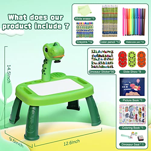 Dinasour Drawing Projector, Arts and Crafts for Boys, Contains Drawing Board with Music, Watercolor Pens, Pencils, Crayons, Scrapbook, Sticker Book, Unicorn Stickers, Stamps, Toys for Boys Age 3+