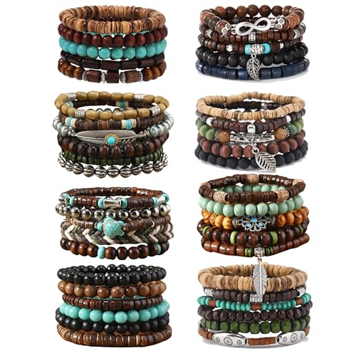 SONNYX 43Pcs Punk Wooden Beads Bracelets Gothic Bracelet for Men Adjustable Vintage Beaded Bracelet Metal Set Wood Bangles Wristbands Commemorative Gift