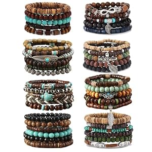 SONNYX 43Pcs Punk Wooden Beads Bracelets Gothic Bracelet for Men Adjustable Vintage Beaded Bracelet Metal Set Wood Bangles Wristbands Commemorative Gift