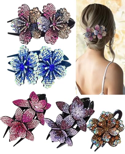 5 Pcs double flower decorative jeweled rhinestone hair clip pretty fancy floral thick crystal hair clips for women beautiful fashion designer asian accessories long chinese korean vintage ornaments