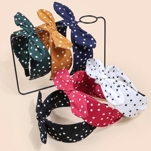 WJYX BOWS 6pcs/set Polka Dot Bow Headbands Vintage Retro Bunny Ears Hair Hoop Wide Knot Style Hairband Fashion and Versatile Hair Accessories for Women Girl