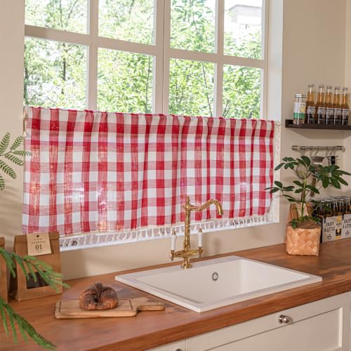 Retro Checkered Kitchen Curtains with Tassel 36’’ Length 2 Panels, Classic Country Vintage Gingham Cabin Red Half Short Panels Cafe Curtain Tiers for Dining Room Kitchen Bathroom Closet Cabinet Skirt