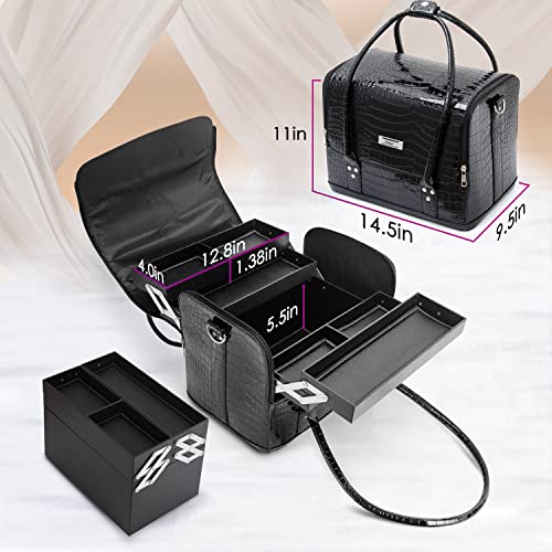 Kemier Makeup Case: Makeup Train Case Box Organizer Storage - Black Large Cosmetic Travel Bag With Strap, 4 Trays Professional Nail Organizer Case For Women, Artist, Jewelry Makeup Brushes Toiletry #TOP3