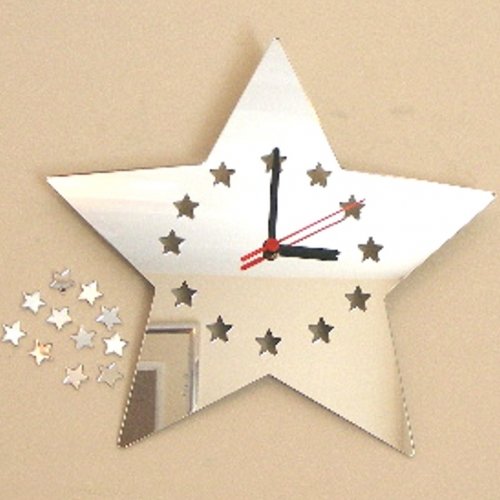 Super Cool Creations Star with Star Didgets Clock Acrylic Silver Mirror, Size 35cm x 32cm